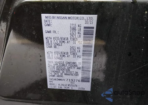 2015 Nissan Pathfinder Sl z USA, uszkodzony, nr VIN 5N1AR2MMXFC719276